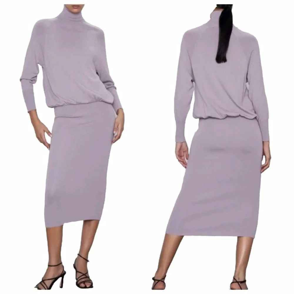 Zara Taupe Classic Mock Neck Minimalist Dolman Sleeve Preppy Knit Midi Dress *M